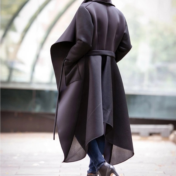 Black Asymmetric Neoprene Coat - Handmade Belted Wrap - Picture 3 of 4
